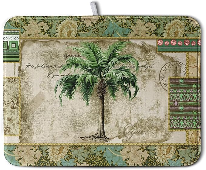 Palm Tree Kitchen Dish Drying Mat for Dishes 18x24 Inch Summer Vintage Tropical Leaves Green Jungle Plant Drying Mat Botanical Dish Drainer Mat Super Absorbent Dish Rack Pad for Coffee Bar Sinks by Kwlegh