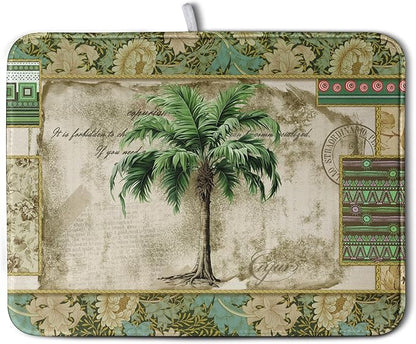 Palm Tree Kitchen Dish Drying Mat for Dishes 18x24 Inch Summer Vintage Tropical Leaves Green Jungle Plant Drying Mat Botanical Dish Drainer Mat Super Absorbent Dish Rack Pad for Coffee Bar Sinks by Kwlegh