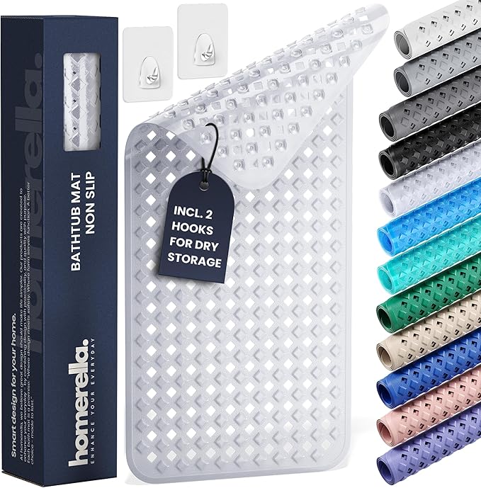 Bathtub Mat Non Slip 35x16 - homerella® Bath Mat Incl. Hooks for Drying, Extra Long, 100% BPA Free, Shower Mat Non Slip Anti Mold, Machine Washable, Shower Mats for Inside Shower Mildew Resistant