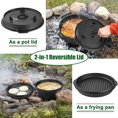 5QT Cast Iron Dutch Oven with Stainless Steel Scrubber, HaSteeL 2-In-1 Pre-seasoned Camping Pot, Heavy Duty Campfire Pot with Feet for Outdoor Stovetop Griddle Cooking Baking Roasting Stewing