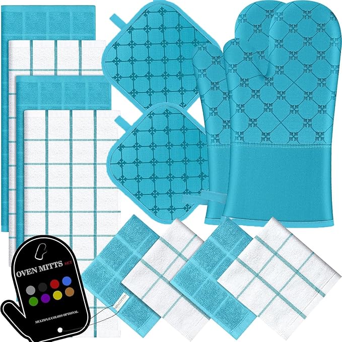 Oven Mitts Kitchen Towels Dishcloths with Pot Holders Sets 12PCS, Dish Towels Sets, Oven Gloves Pot Pads Heat Resistant 500 Degrees with Non-Slip Silicone Surface for Cooking Baking Grilling (Blue) by BSKSSK