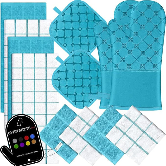 Oven Mitts Kitchen Towels Dishcloths with Pot Holders Sets 12PCS, Dish Towels Sets, Oven Gloves Pot Pads Heat Resistant 500 Degrees with Non-Slip Silicone Surface for Cooking Baking Grilling (Blue) by BSKSSK