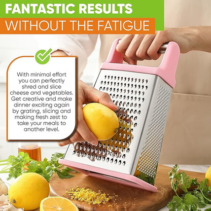 Spring Chef Professional Stainless Steel XL Parmesan Cheese Grater with Handle - 4 Sided Box Grater for Kitchen - Dishwasher Safe Carrot Shredder for Potato, Vegetables, Ginger - Pink Lemonade - Image 7