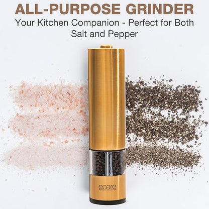Eparé Brass Salt and Pepper Mill - Battery Operated Gold Pepper Grinder with Ceramic Burr - Automatic Steel Peppermills With LED Light - Gold or Brass Color - Image 4