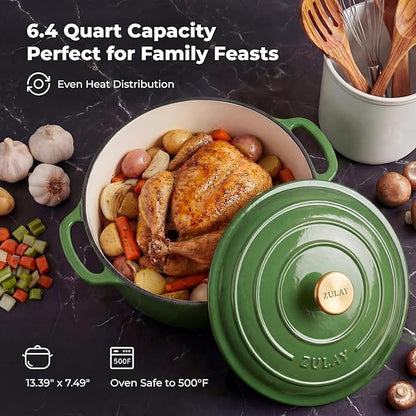 Zulay Kitchen 6 Quart Enameled Cast Iron Dutch Oven Pot with Lid – Premium Durability & Oven Safe up to 500°F – Heavy Duty Cookware Perfect for Bread Baking, Stews, Braising & Roasting - Green - Image 6