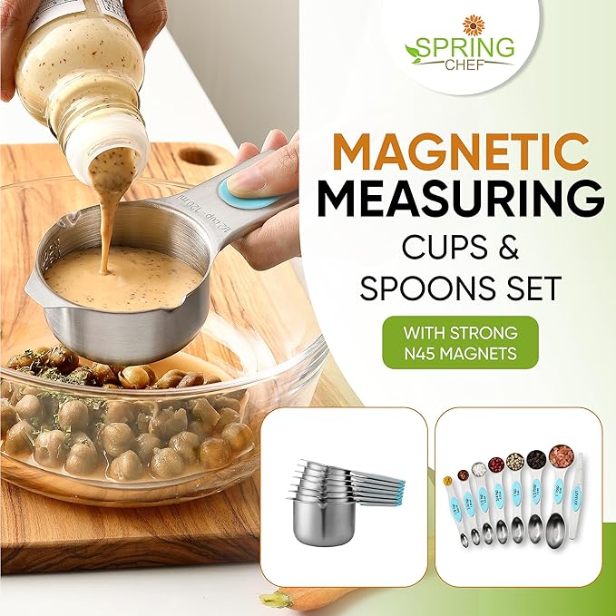 Spring Chef Magnetic Measuring Cups & Spoons Set, Patented, Strong Magnets, Heavy Duty Stainless Steel Fits in Spice Jars for Baking & Cooking, BPA Free, Round Set of 15 with Leveler, Aqua Sky - Image 3