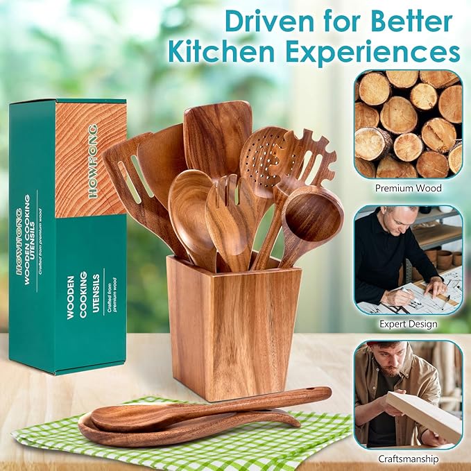 HOWHONG Wooden Spoons for Cooking, Premium Acacia Wood Kitchen Utensil Set, Handmade Wooden Utensils for Nonstick Cookware, Heat Resistant, Smooth Finish, Comfortable Grip, with Holder, Gift Ready - Image 6