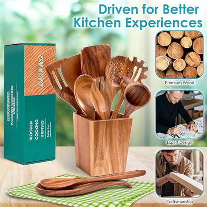 HOWHONG Wooden Spoons for Cooking, Premium Acacia Wood Kitchen Utensil Set, Handmade Wooden Utensils for Nonstick Cookware, Heat Resistant, Smooth Finish, Comfortable Grip, with Holder, Gift Ready - Image 6
