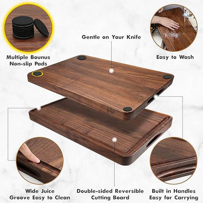 AZRHOM Walnut Wood Cutting Board, 17x11in Large Wooden Chopping Boards with Deep Juice Groove and Side Handle, Thick Butcher Block for Kitchen Meat Cheese Gift for Wife Mom (Gift Box)