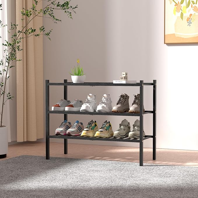 ROMGUAR CRAFT 3 Tier Bamboo Shoe Rack for Closet Free Standing Wood Shoe Shelf Storage Organizer for Entryway Small Space Stackable 27"x11"x20" (Black) - Image 2