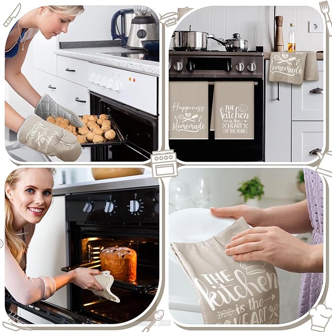 Sratte 6 Pcs Kitchen Decor Accessories Set Farmhouse Towels Pot Holders Oven Mitts Set 2 Dish Towels 2 Potholders 2 Cooking Mittens Oven Glove for Christmas Baking Cooking Supply(Beige,Kitchen) - Image 6