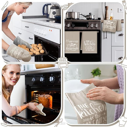 Sratte 6 Pcs Kitchen Decor Accessories Set Farmhouse Towels Pot Holders Oven Mitts Set 2 Dish Towels 2 Potholders 2 Cooking Mittens Oven Glove for Christmas Baking Cooking Supply(Beige,Kitchen) - Image 6
