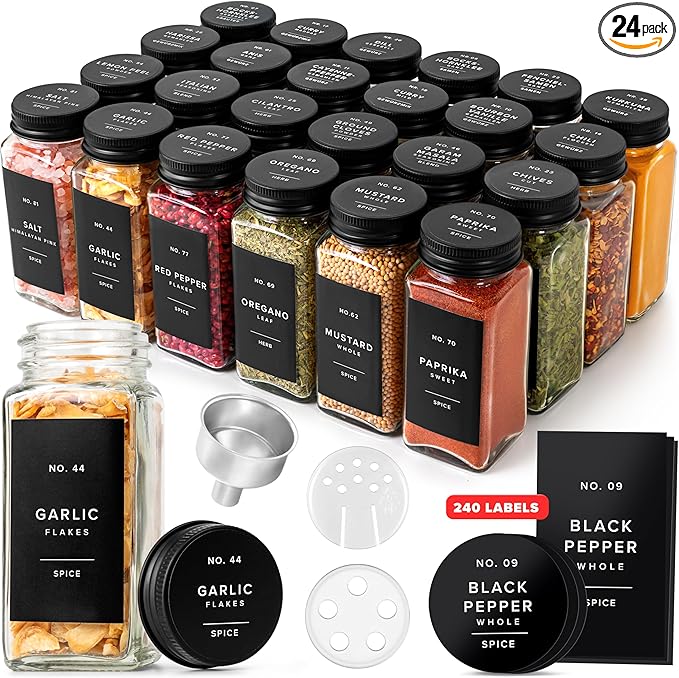 EDELHAUS Glass Spice Jars with Label and Black Aluminium Lids (24 x 4oz) Spice Containers with 240 Labels, Shaker Inserts, Steel Funnel, Empty Square Seasoning Organizer (Black Aluminium Lid) by EDELHAUS