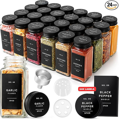 EDELHAUS Glass Spice Jars with Label and Black Aluminium Lids (24 x 4oz) Spice Containers with 240 Labels, Shaker Inserts, Steel Funnel, Empty Square Seasoning Organizer (Black Aluminium Lid) by EDELHAUS