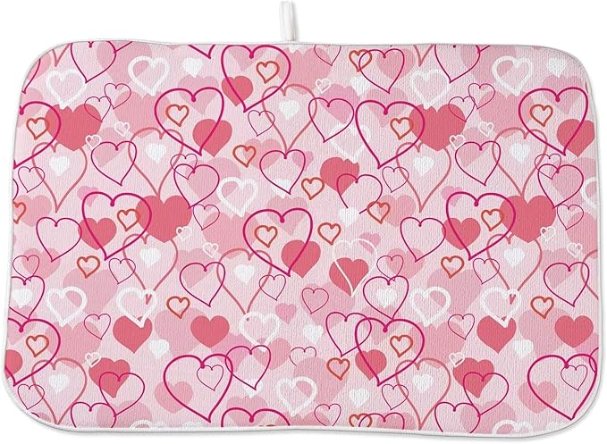 Valentines Day Dish Drying Mat 18 x 24 inch Pink Love Hearts Decorative Drying Mats Microfiber Absorbent Romantic Dish Washable Draining Mat for Kitchen Counter Decor
