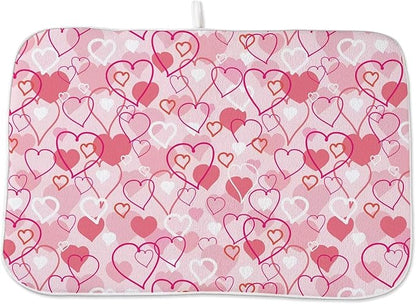 Valentines Day Dish Drying Mat 18 x 24 inch Pink Love Hearts Decorative Drying Mats Microfiber Absorbent Romantic Dish Washable Draining Mat for Kitchen Counter Decor