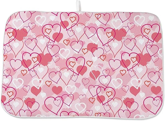 Valentines Day Dish Drying Mat 18 x 24 inch Pink Love Hearts Decorative Drying Mats Microfiber Absorbent Romantic Dish Washable Draining Mat for Kitchen Counter Decor