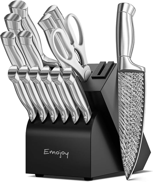 Knife Set, Emojoy 15 Pieces Kitchen Knife Block Set with Built-in Sharpener, High Carbon Stainless Steel Sharp Knife Block Set with Hollow Handle