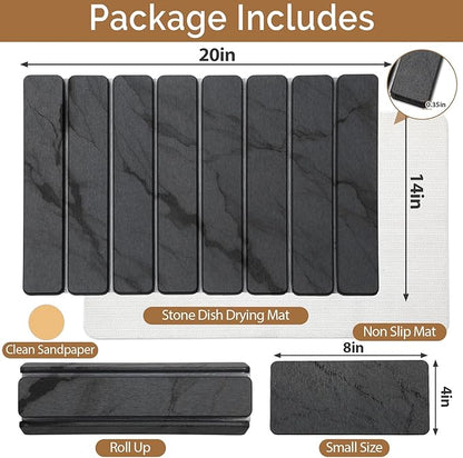 2 PCS Stone Dish Drying Mat for Kitchen Counter,Quick Dry Stone Dishes Mats,Marbled Water Absorbing Diatomaceous Earth Drying Pad for Countertop Bottles Utensils Cups（Dark Gray 20"×14" & 8"x4"） - Image 2