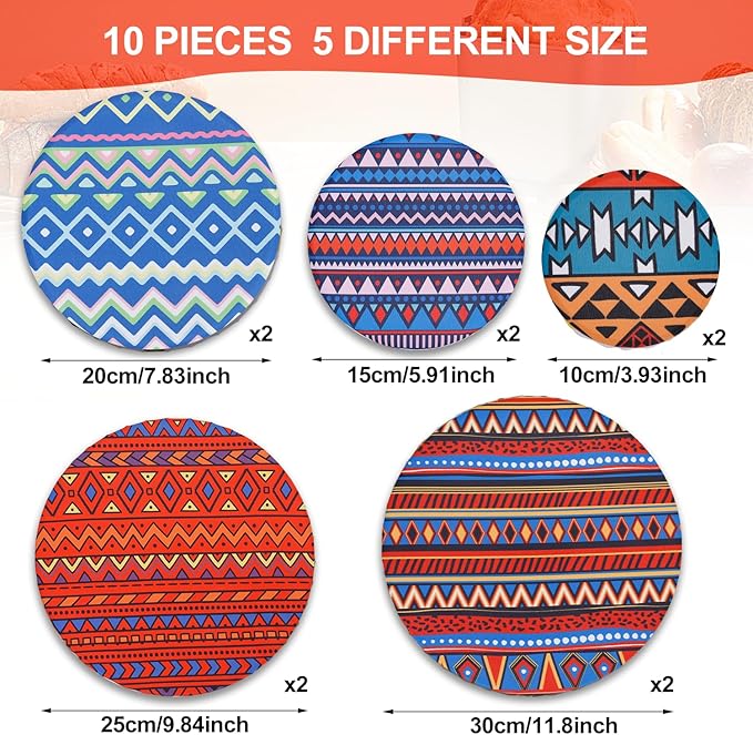 10Pcs Reusable Bowl Covers in 5 Sizes - Elastic Fabric Food Storage Lids for Bread Proofing, Dough, Sourdough & Leftovers - Eco-Friendly Stretch Covers for Kitchen, Baking, Picnic,Red& Blue