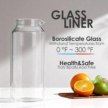 Delove Glass Pitcher with Lid & Shatterproof Shell – Heat-Resistant Borosilicate Glass Jug, 2 L/68 oz with Handle & Spout – Perfect for Iced Tea, Juice, Hot & Cold Waterr (Pink)