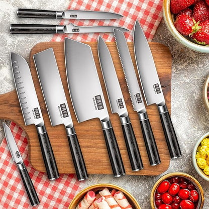 MDHAND Chef Knife Set with Roll Bag, 10PCS Professional Knife Set with Sharpener, High Carbon Stainless Steel Japanese Kitchen Knives - Black Pakkawood Handle, Dishwasher Safe, For Cooking, Chef Gifts