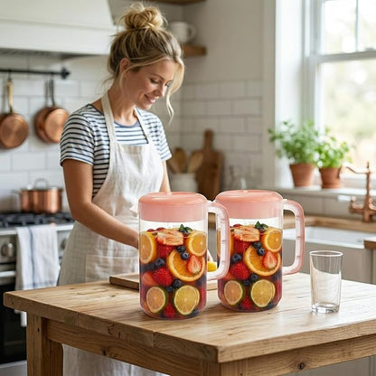 Jucoan 2 Pack 1 Gallon Plastic Pitcher with 3 Ways Lid, Large Gallon Water Ice Tea Pitcher with Handle Measurement for Party Outdoor, Freezer/Dishwasher Safe, BPA Free