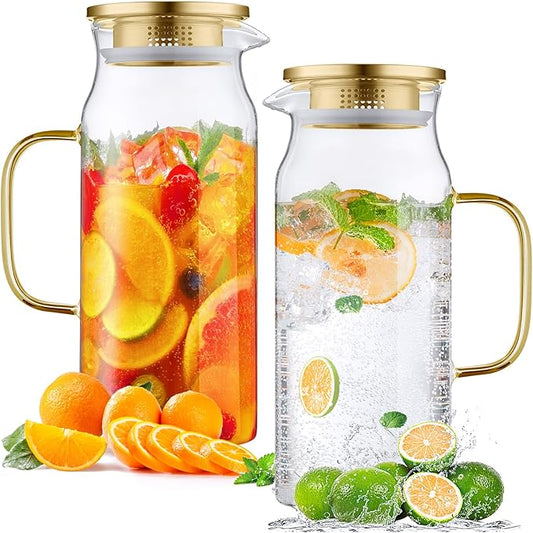Bivvclaz 2 Pack 2 Liter 68 oz 2.1 Qt Gold Glass Pitcher with Lid and Handle, Water Pitcher for Fridge, Glass Carafe for Hot/Cold Water, Large Iced Tea Jug for Coffee, Juice and Homemade Beverage by Bivvclaz