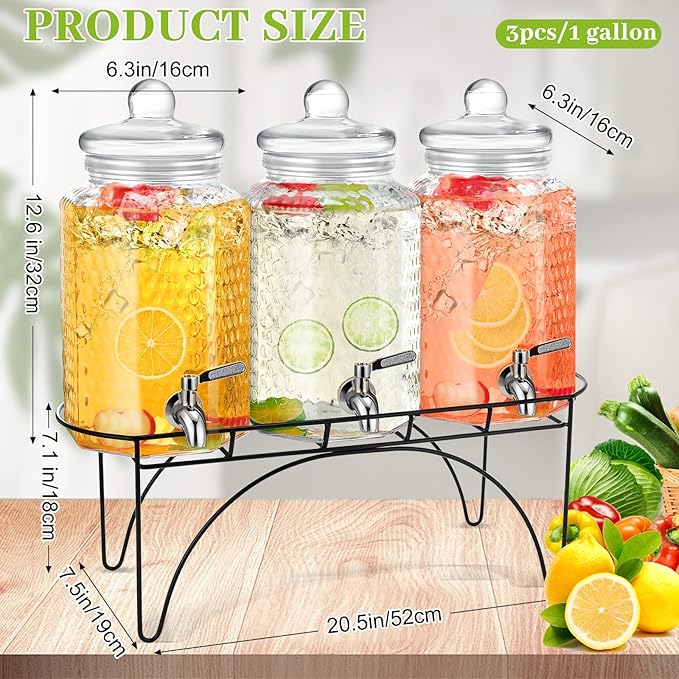 3 Pcs 1 Gallon Beverage Dispensers Glass Drink Dispenser with Stand Large Clear Drink Containers for Parties Glass Jug with Spigot and Lid for Party Bar Juice Lemonade Punch Water Tea