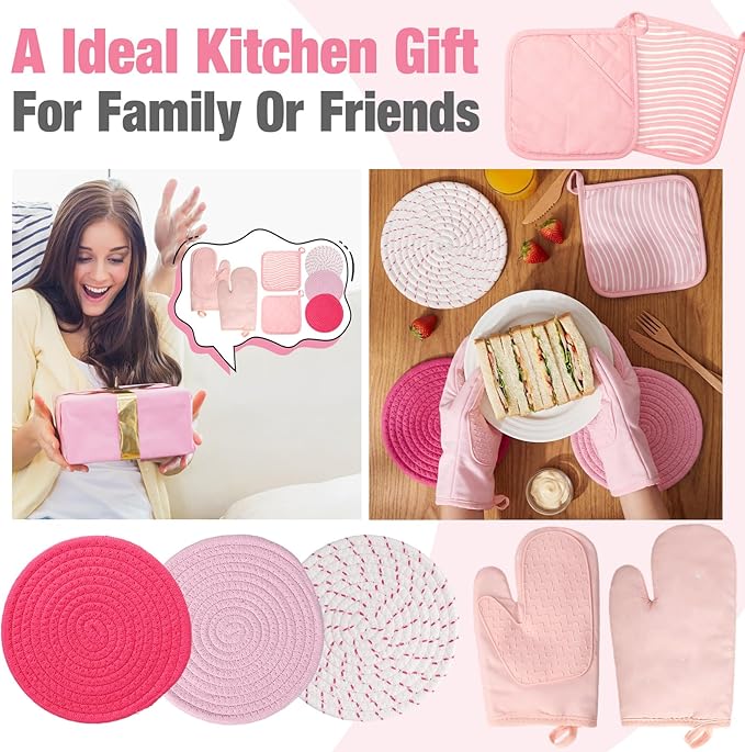 Sumind Pink Oven Mitts and Pot Holders 7 Sets, Heat Resistant Kitchen Gloves Pads Potholders for Mother Women Gifts Pot Holders Kitchen Accessories Gift(Pink White,Rubber Cotton,Stripes) - Image 6