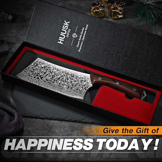 Huusk Meat Cleaver Knife Japanese Kitchen Knife 6.4 Inch, Hand Forged Butcher Knife for Meat Cutting, Vegetable Chopping Knife High Carbon Steel Damascus Pattern Chef Knife Cooking Gift Idea