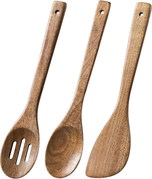 Wooden Spoons for Cooking, 3-Piece Wood Utensil Set Includes Slotted Spoon, Spoon & Wooden Spatula for Cooking – Acacia Wood Kitchen Utensil Set – 12 Inch Hardwearing Tools by HEFILD