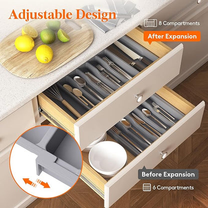 Lifewit Silverware Drawer Organizer, Expandable Utensil Tray for Kitchen, BPA Free Flatware and Cutlery Holder, Adjustable Plastic Storage for Spoons Forks Knives, 33 -57 x 42cm, Gray - Image 5