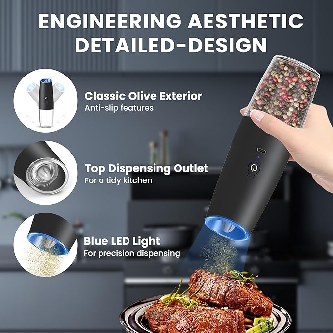 UNNEES Rechargeable Electric Salt and Pepper Grinder set of 2, gravity electric salt and pepper grinder set, Adjustable Roughness, LED Light, 2 Pack, (Black&White) - Image 4