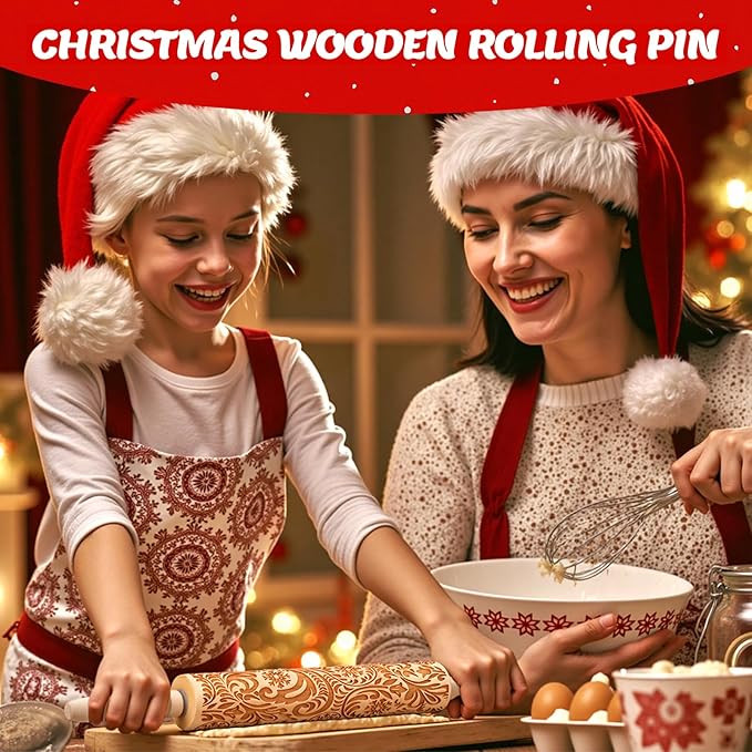 Christmas Gifts Wooden Embossed Rolling Pin for Baking, Stocking Stuffers Gifts for Women, Deep Engraved Embossing Rolling Pins with Snow Pattern Designs for Baking Cookies Stamps Roller DIY Tools - Image 3