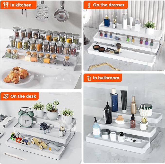 2 Pack Expandable Spice Rack Organizer for Cabinet - 3 Tier Adjustable Cabinet Spice Organizer Easy Visibility - Spice Organizer for Cabinet Countertop Cupboard Pantry Organization (White) - Image 8