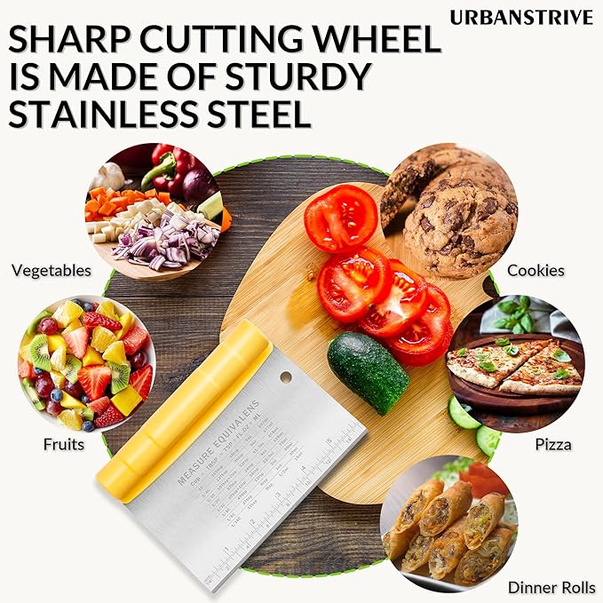 Urbanstrive Bench Scraper for Baking, Stainless Steel Dough Cutter and Scraper Tool Kitchen, Kitchen Scraper Food Scraper Tool Pizza Cutter Food Chopper, Multi-Purpose Kitchen Gadgets, Yellow - Image 6
