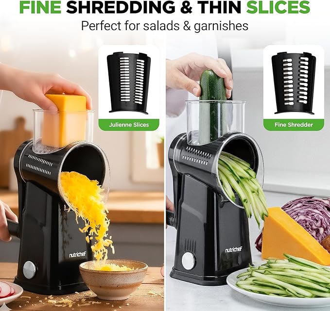 NutriChef 5 in 1 Cheese Grater & Shredder | 5 Different Blades for Thin, Thick, Julienne Strips, Wavy, & Straight Strips | Includes Hand Crank, Strong Suction Base & Storage Container | Black - Image 4