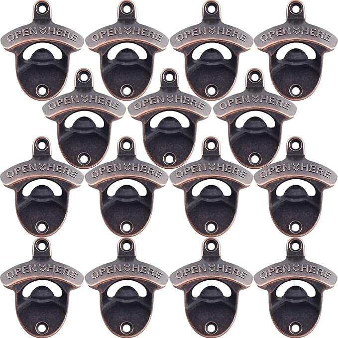 Retro Bottle Cap Opener Mountable - Stationary Wall Beer Bottle Opener Antique Copper - Cooler Mount Beer Bottle Top Opener Bulk Open Here (15 PCS) by Wallmountedbottleopener