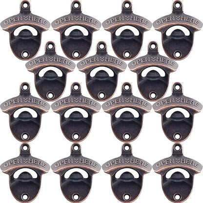 Retro Bottle Cap Opener Mountable - Stationary Wall Beer Bottle Opener Antique Copper - Cooler Mount Beer Bottle Top Opener Bulk Open Here (15 PCS) by Wallmountedbottleopener