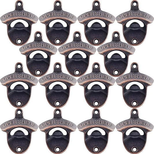Retro Bottle Cap Opener Mountable - Stationary Wall Beer Bottle Opener Antique Copper - Cooler Mount Beer Bottle Top Opener Bulk Open Here (15 PCS) by Wallmountedbottleopener