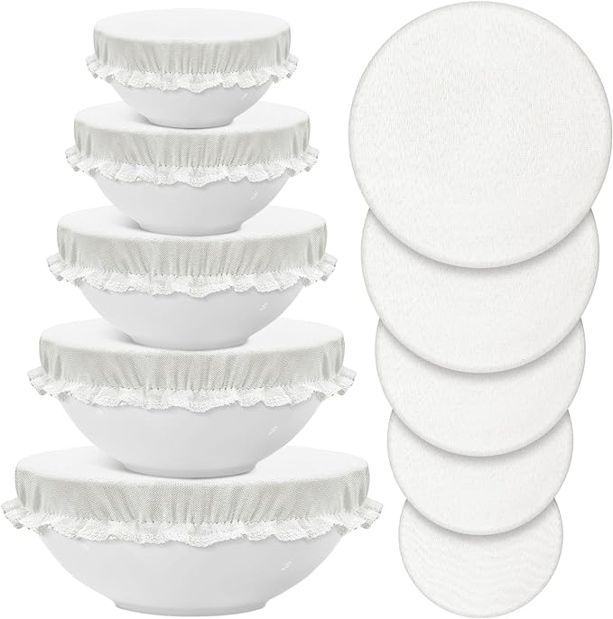 Patelai 10 Pcs Bowl Covers Reusable in 5 Size Stretch Cloth Fabric Elastic Food Storage Bowl Covers Bread Sourdough Lids for Proofing Food Fruits Leftover(White,Ivory Style) by Patelai