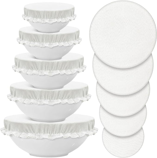 Patelai 10 Pcs Bowl Covers Reusable in 5 Size Stretch Cloth Fabric Elastic Food Storage Bowl Covers Bread Sourdough Lids for Proofing Food Fruits Leftover(White,Ivory Style) by Patelai
