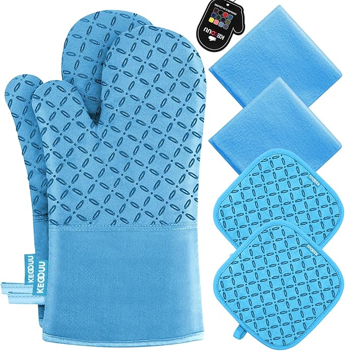 KEGOUU Oven Mitts and Pot Holders 6pcs Set, Kitchen Oven Glove High Heat Resistant 500 Degree Extra Long Oven Mitts and Potholder with Non-Slip Silicone Surface for Cooking (Sky Blue) by KEGOUUOvenMitt