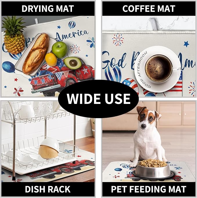 4th of July Drying Mat for Kitchen Counter 16 x 18 US Independence Day Patriotic Truck Dish Drying Mat Polyester American Flag Dish Drainer Mat Super Absorbent Dish Rack Pad for Coffee Bar Sinks - Image 7
