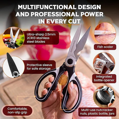 SpartaSake 2-Pack Premium Stainless Steel All Purpose Kitchen Shears with Sleeve - Heavy Duty Ultra Sharp kitchen Scissors for Food-Multipurpose Food Scissors for Meat Poultry Vegetable (Black-White)