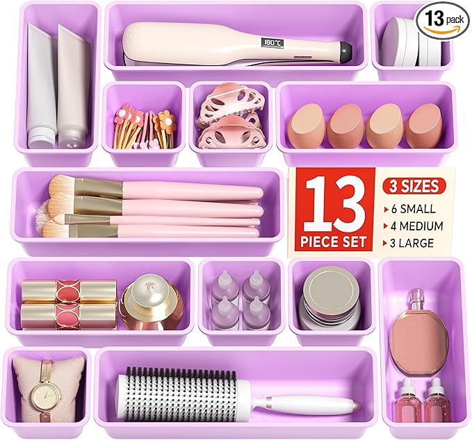 Canfanni 13 Pack Plastic Drawer Organizers Set, 3 Sizes Desk Drawer Organizer Trays for Vanity and Makeup Organizer, Organization and Storage for Makeup, Kitchen Utensils, Bathroom and Office(Purple) by Canfanni