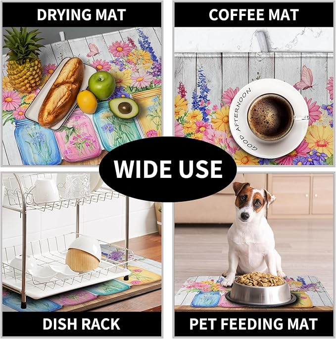 Daisy Dish Drying Mat for Kitchen Counter Spring Summer Flowers Vases Dishes Pad Microfiber Absorbent Dish Draining Mats Rustic Farmhouse Floral Wooden Board Dish Drainer Rack Mat 18x24 Inch - Image 7