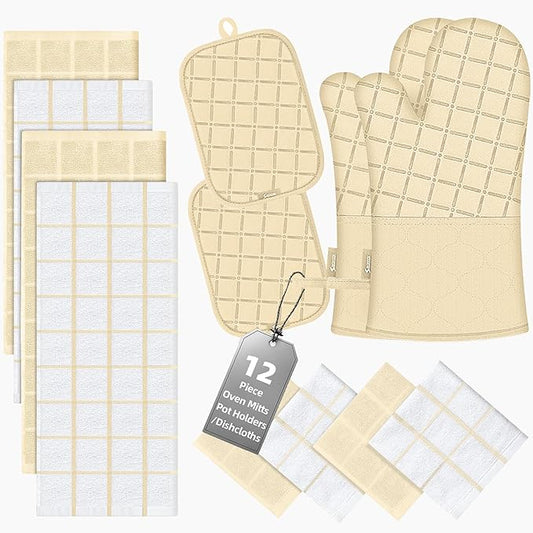 Oven Mitts Pot Holders Sets/Kitchen Towels and Dishcloths, Oven Gloves Kitchen Dish Towels 500 Degree Heat Resistant Potholders with Non-Slip Silicone Surface for Cooking, Grilling, Baking-Beige by BSKSSK