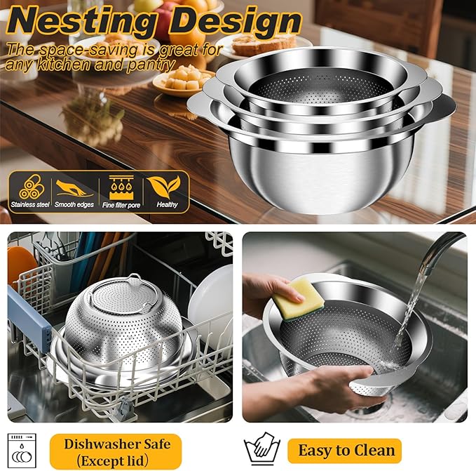Colander, Stainless Steel Colander with Mixing Bowls (3.5QT), 3Pcs Strainer for Kitchen Gadget Food Strainer Basket with Handle, Colanders Bowl for Pasta Noodles Spaghetti Vegetables Fruit (3.5+3+2QT) - Image 7